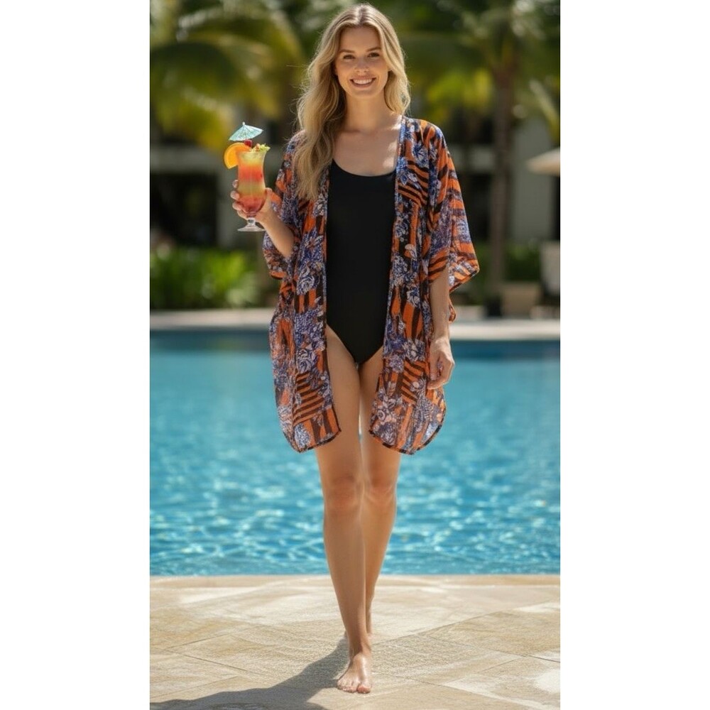 White Lotus Vibes Resort Pool Cover Up Kaftan Tropical Floral Chiffon S